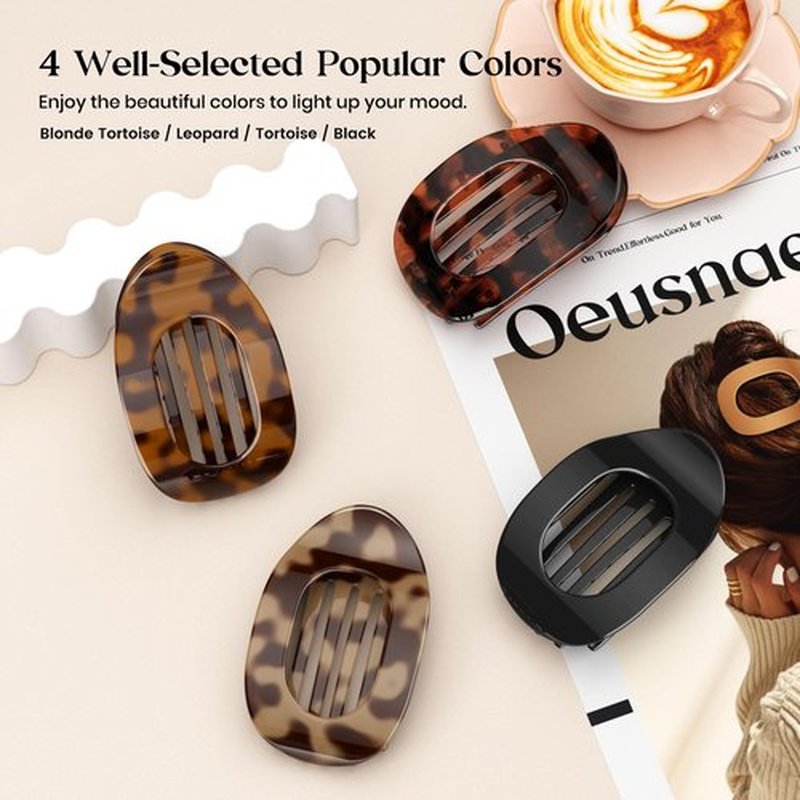 Oeusnael 4 PCS Flat Hair Clips, Round Lay Down Claw Clips for Women Girls, French Strong Hold Hair Barrettes for Thick Thin Hair, Comfortable Curved Flat Clips for Lying, Driving and More (Leopard)