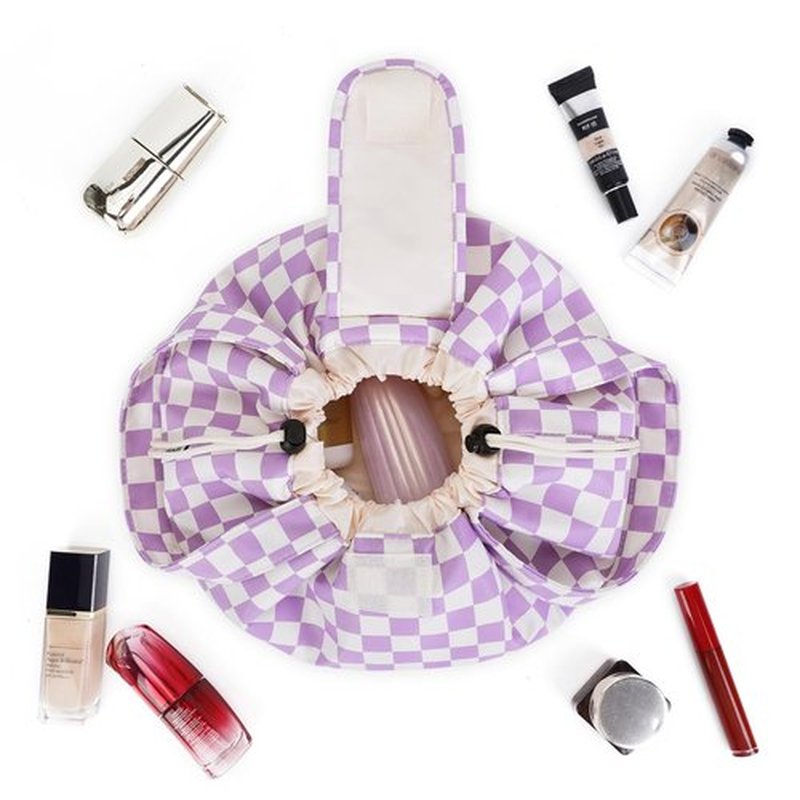 Barrel Drawstring Checkered Makeup Bag Large Cosmetic Bag Make up Bags Toiletry Organizer for Women (Purple Checkerboard) (Patent)
