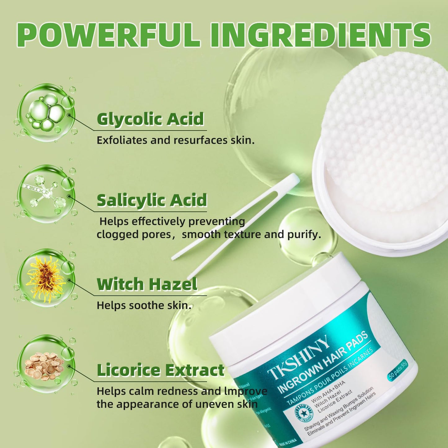 TKSHINY Ingrown Treatment Hair Pads, with AHA+BHA, Ingrown Hair Wipes For Bikini Area, Razor Bumps, Underarm , Exfoliate Skin,Ingrown Hair Serum for Face, Neck, 50 Pads