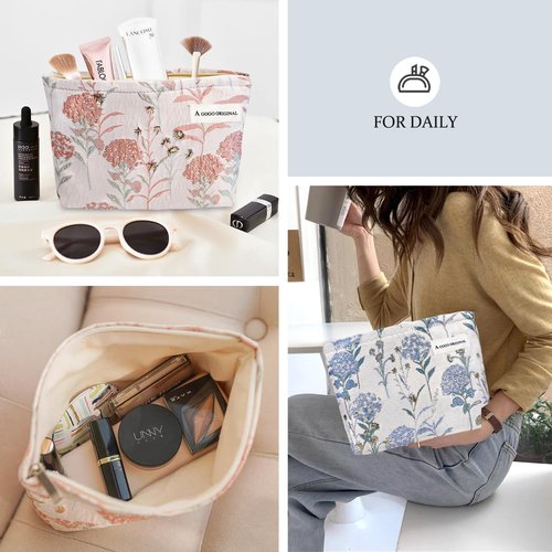 STARDW Aesthetic Makeup Bag for Women Travel Toiletry Bag Large Capacity Makeup Organizer Bag Floral Cosmetic Bags Zipper Pouch(Dandelion Pink)