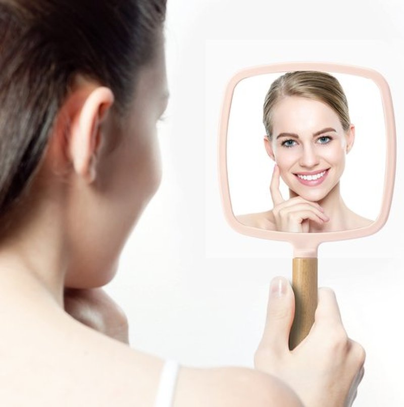 YEAKE Hand Held Mirror with Handle for Makeup,Small Cute Wood Hand Mirror for Shaving with Hole Hanging Single-Sided Portable Travel Vanity Mirror for Men&Women(Square,Pink,1Pack)