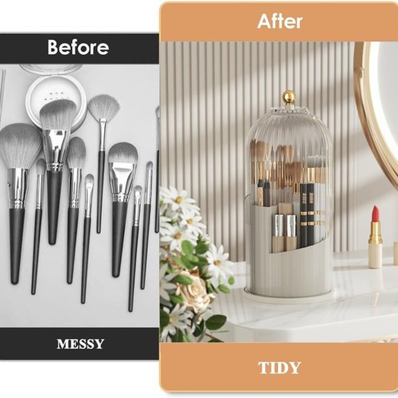 Zufudo Makeup Brush Holder Organizer with Lid 360° Rotating Makeup Organizer Countertop Dustproof Cosmetics Organizer for Vanity Bathroom, Transparent