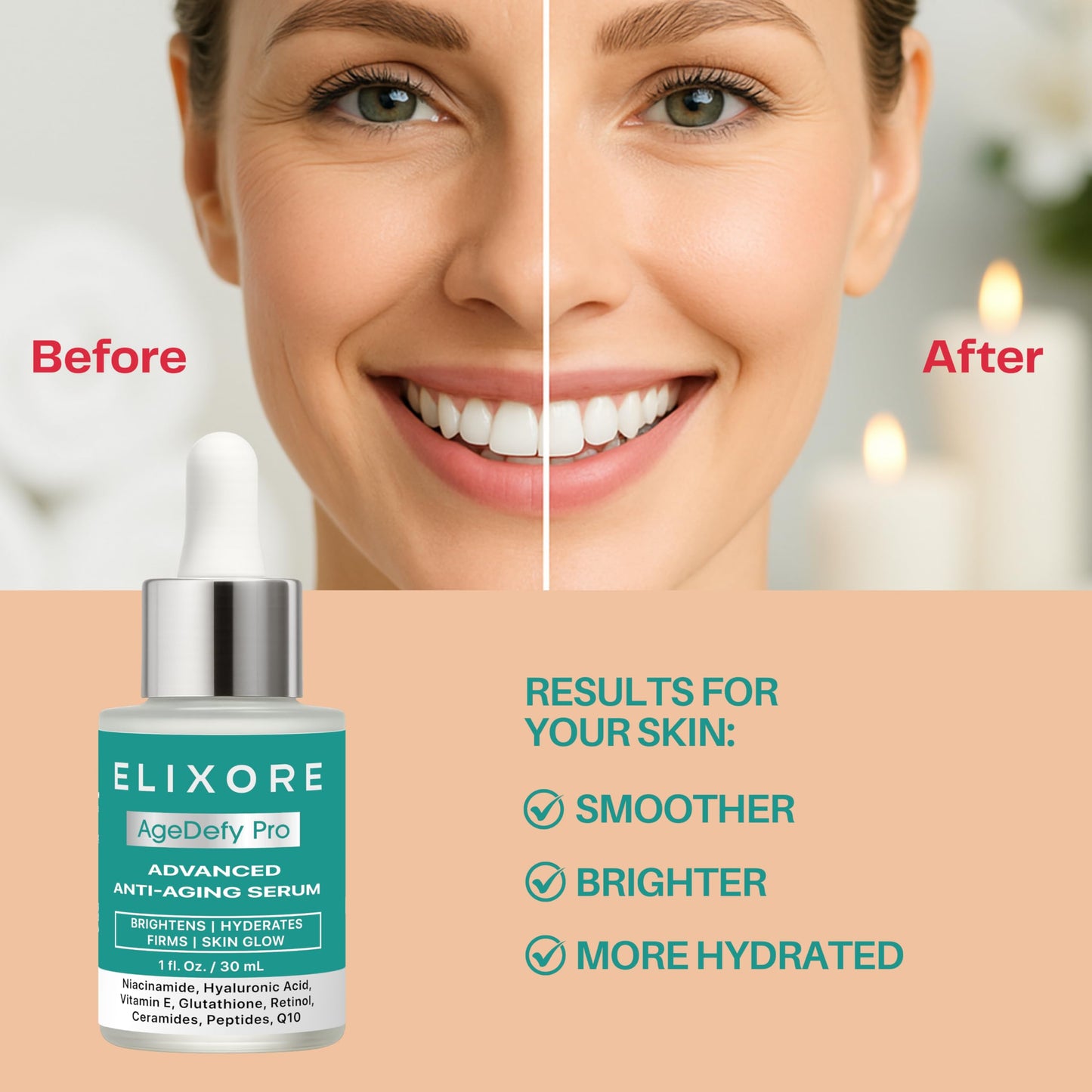 ELIXORE AgeDefy Pro Advanced Anti-Ageing Serum with Peptides & Vitamin C | Face Serums for Wrinkles, Firming & Brightening with Retinol, Niacinamide & Tranexamic Acid | for Mature Skin 30ml