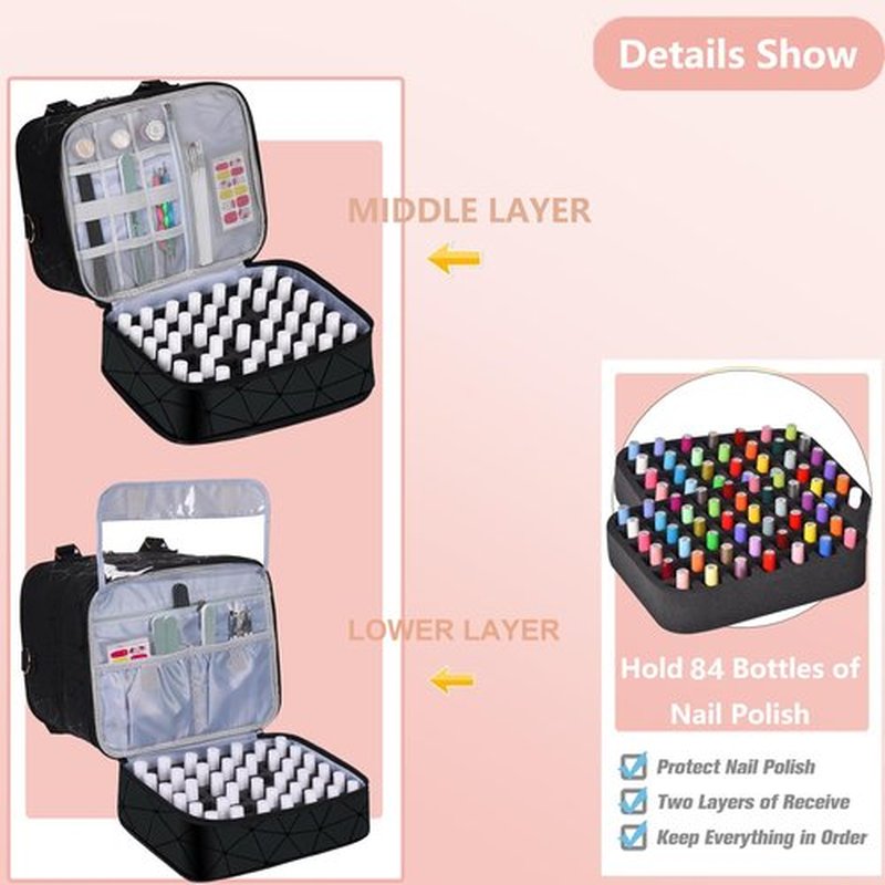 FCQQYWZ Large Nail Polish Organizer Case Hold 84+ Bottles Nail Polish & Nail Lamp, 3 Layers Nail Organizers and Storage for Nail Tech with Divider, Travel Carrying Case for Nail Polish Kit Set(Black)