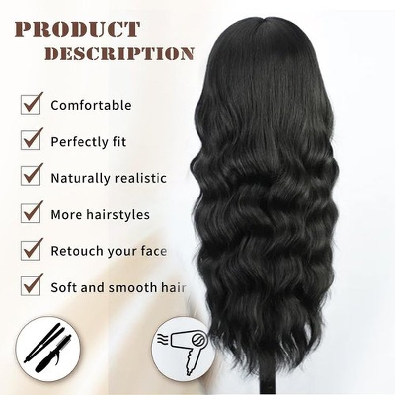 ponyttda 26 Inch Black Wig with Bangs Long Wavy Black Wigs for Women Natural Black Curly Hair Wig Heat Resistant Black Wavy Synthetic Wig for Daily Party Use