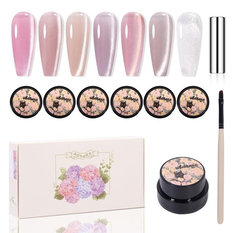 Adhere 7Pcs 5G Ultrafine Magnetic Water Light Sensation Colorful Light Cat Eye Gel Nail Polish, Transparent Light Pink Colored Glass Bead Cat Eye with Magnet Brush