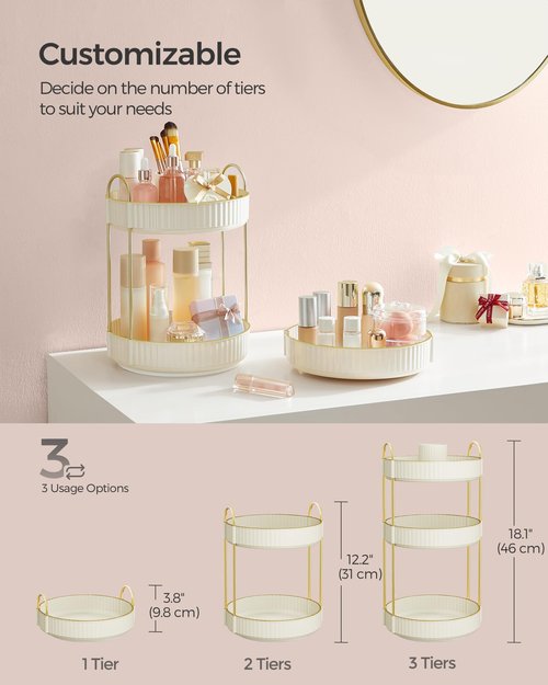 SONGMICS Makeup Organizer, 3-Tier Round Rotating Skincare Organizer Countertop, Customizable, Toiletries Vanity Organizer, Lazy Susan, Cloud White UJKA011W01