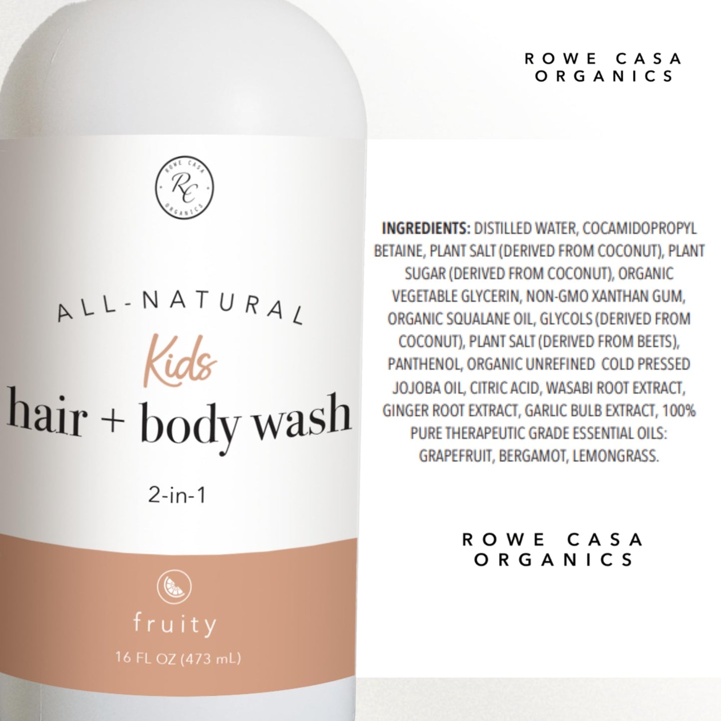 Rowe Casa Organics 2-in-1 Kids Hair & Body Wash with Therapeutic Essential Oils – Fruity Kids Shampoo & Body Wash with Sweet, Bright & Uplifting Scent – 16 Fl. Oz
