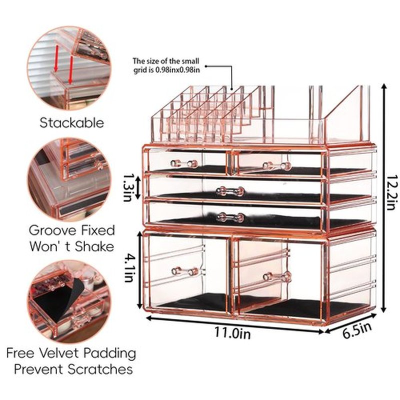 Cq acrylic Dorm Makeup Organizer With 6 Drawers,Stackable Plastic Makeup Organizer,Pink Drawer Storage Organizer Perfume for Dresser Vanity Tray, Large Baby Drawer Organizer for Nursery,3 Pack