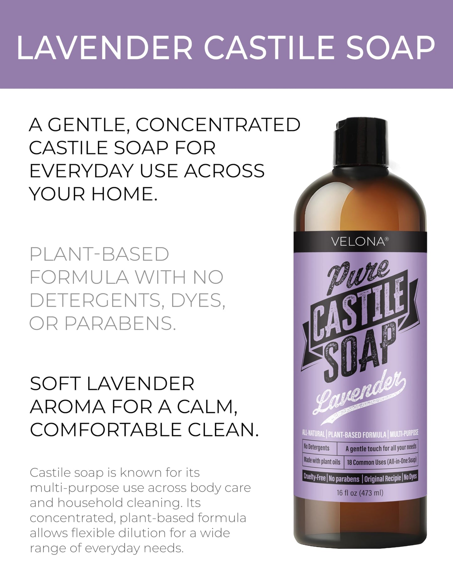 velona Pure Castile Soap - 16 Fl oz | Mild & Gentle | Face, Hand, Hair, Body Wash, Laundry | Lavender Essential Oil