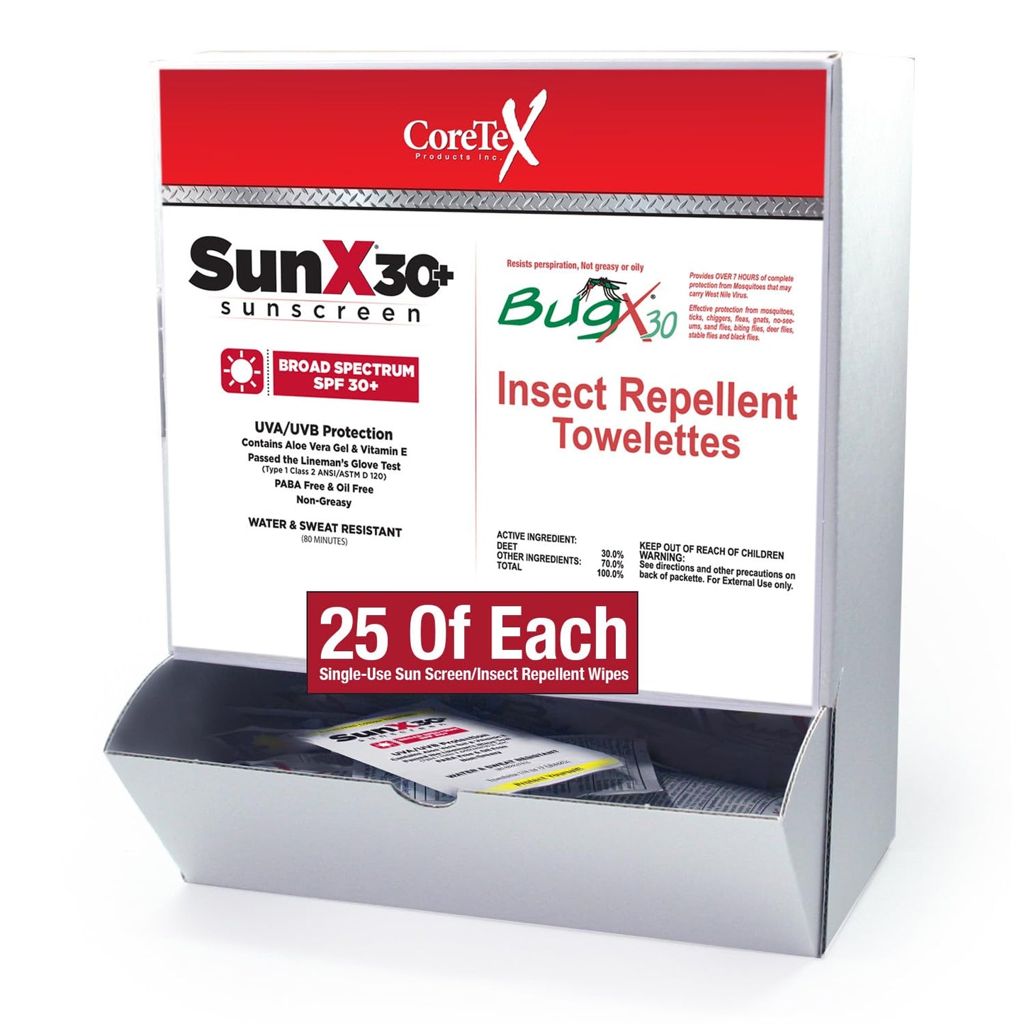 CoreTex Sun X 30+ & Bug X 30 Combo Pack - Includes 50 Total Packets in Wallmount Box - 25 Lotion Pouches & 25 Insect Repellent Towelettes