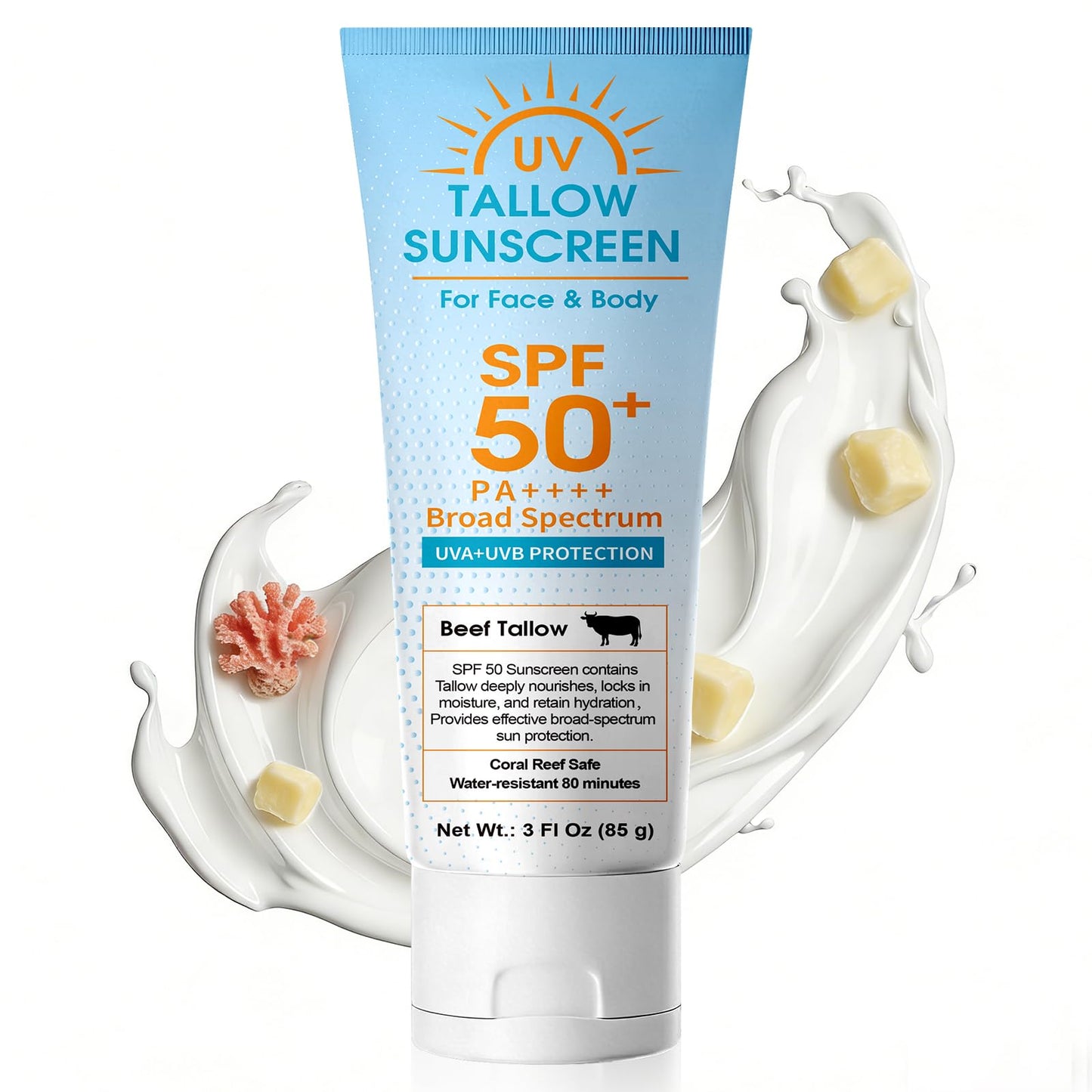Beef Tallow Sunscreen SPF 50: Mineral Non-Nano Zinc Oxide Sunblock, Non-Greasy & Instant Protection for Face, Reef-Safe for Beach, Running & Sports, 3 Fl Oz (85g)