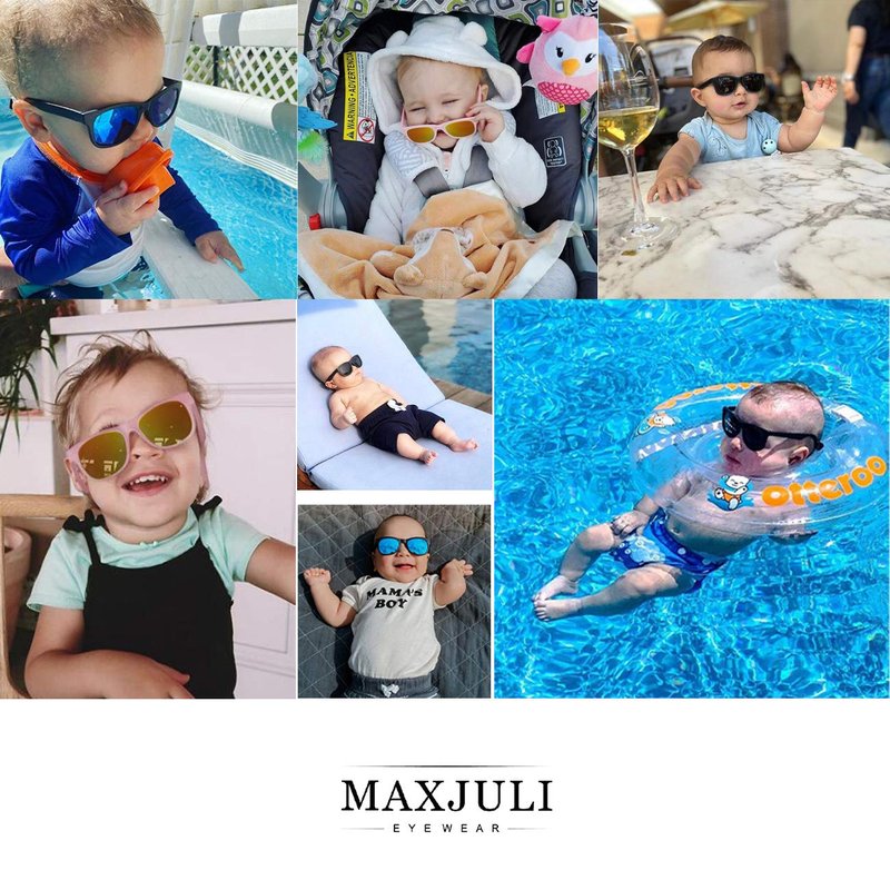 MAXJULI Baby Infant Sunglasses Safe, Soft, With Adjustable Strap 0-24 Months BPA Free (Purple/Red+Pink/Colorful