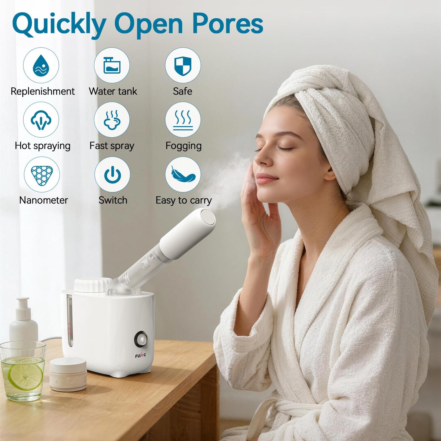 Fulog Facial Steamer Nano Ionic Face Steamer with 360° Rotating Arm, Esthetician Facial Steamer for Deep Cleaning, Portable Spa Facial Machine for Home Salon