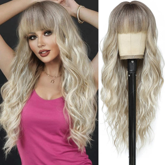 Beaurocks Blonde Wig With Bangs Long Wavy Curly Ombre Wig With Dark Root Wigs For White Women Blonde Wigs With Bangs Synthetic Heat Resistant Wigs for Women Daily Party Use 24inch (Ombre Blonde