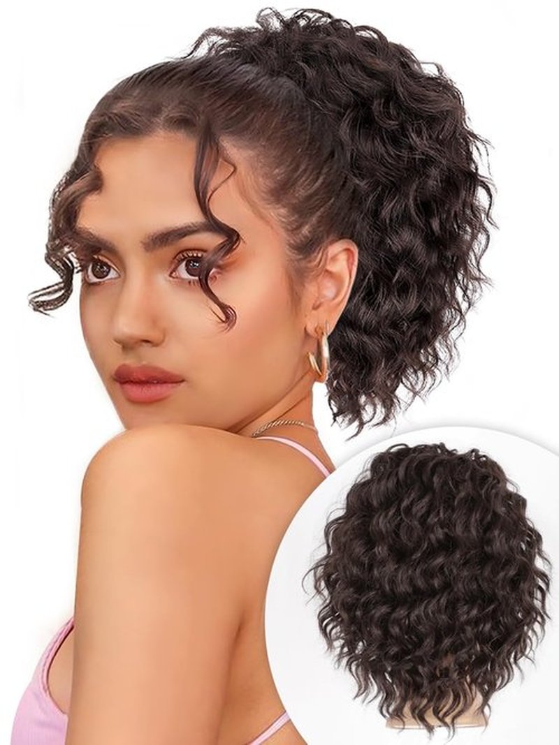 ALXNAN Wavy Curly Ponytail Extension, 8" Brown Drawstring Ponytai for Black Women Short Soft Natural Synthetic Hairpiece Thick For Daily Use
