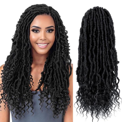 SERENDIPA Boho Faux Locs Curly End, 18 Inch Long Pre-Looped Soft Crochet Goddess Locs Synthetic Hair (6 Packs, 1#, Black)