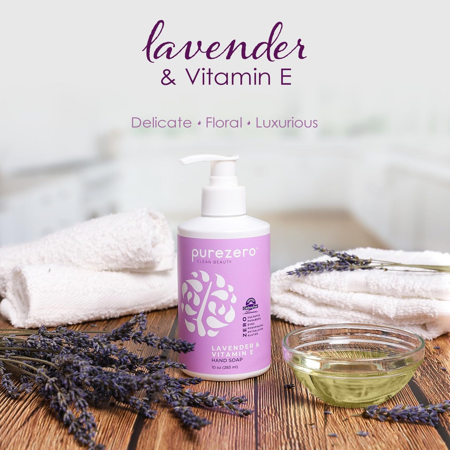 Purezero Lavender & Vitamin E Hand Soap Soothing & Hydrating, Paraben-Free & Vegan Liquid Hand Wash for Bathroom or Kitchen, USA-Made, Cruelty-Free, 10 ounces (1 Pack)