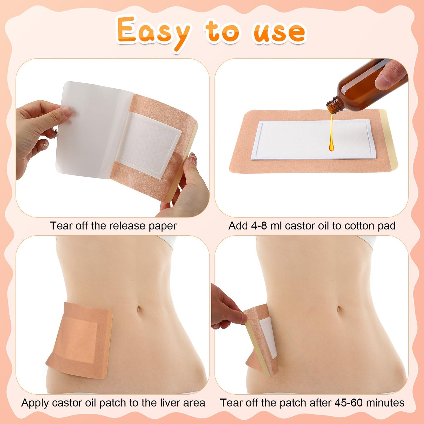 Hokoad 120 Pcs Castor Oil Patches, Disposable Castor Oil Pack Wrap Self-Adhesive for Belly Button, Waist, Neck, Breast, Back, Knee, Portable Packs, Anti-Seepage, No Wash, Highly Absorbent (120)