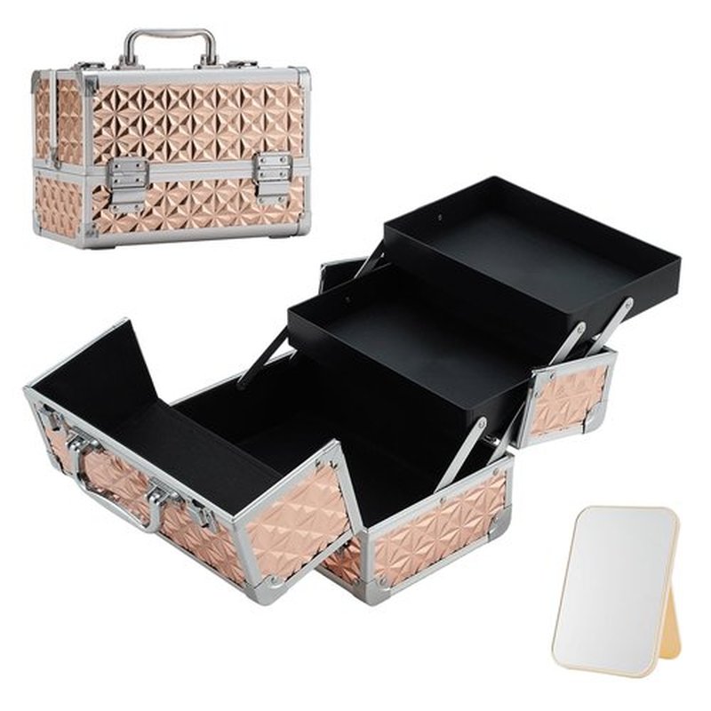 Leeora&Leekoo Makeup Train Case Cosmetic Box Portable Makeup Case Organizer 2 Trays Makeup Storage with Mirror for Cosmetologist Aesthetic Supplies Nail Tech Traveling Makeup Box (Rose Gold)