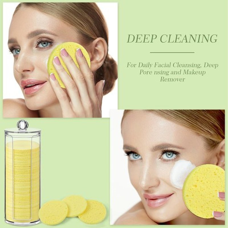 120 Pcs Compressed Facial Sponges Natural Face Exfoliator Disposable Face Sponges for Cleansing Round Soft Facial Scrubber Pads with Storage Container for Makeup Removal Travel (Lemon Yellow)