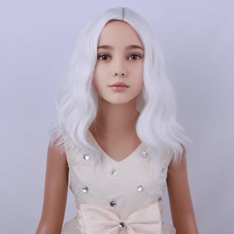 DUDUWIG White Wig for Kids Girls Short White Wavy Curly Wig Child White Side Part Wig for Dress Up Party Cosplay Synthetic Wigs Hairnet Include