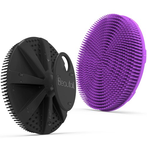 Silicone Body Scrubber 2 Pack Shower Bath Brush, More Hygienic Than Traditional Loofah, Lather Nicely, Long Lasting, Gentle Exfoliating for Women Men Baby Sensitive Skin, Black+Purple