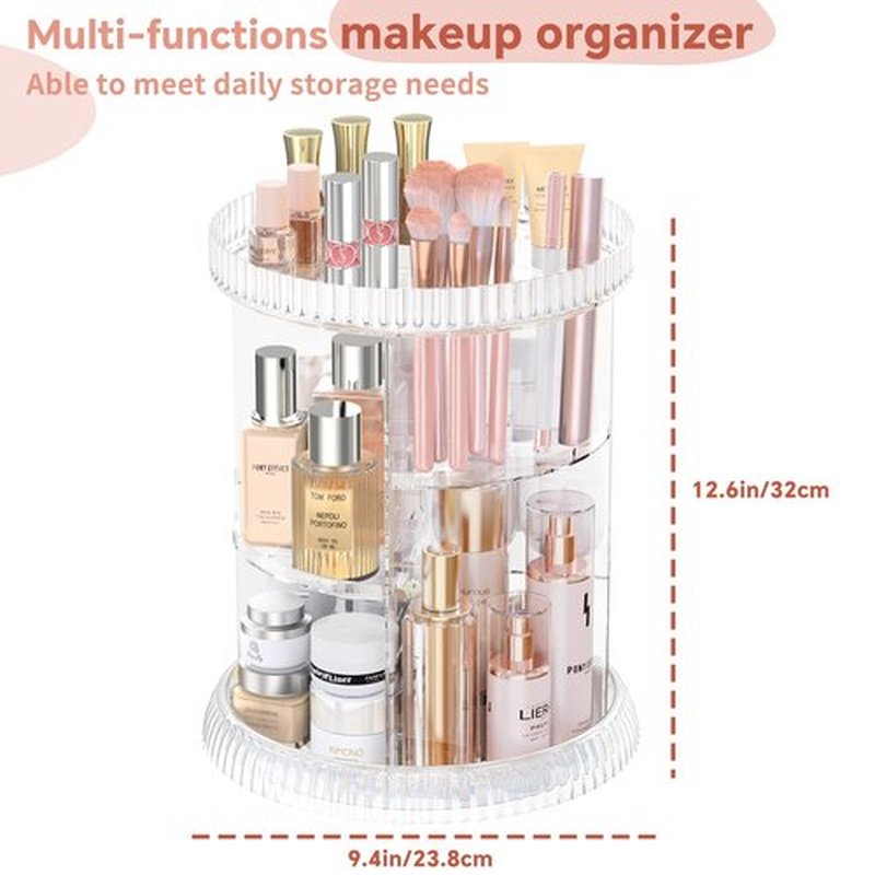 MOKANI 360 Rotating Makeup Organizer for Vanity, DIY 6 Adjustable Layers Perfume Organizer with Brush Storage and Shelves, Spinning Skincare Organizers Cosmetic Case for Bathroom, Countertop, Clear