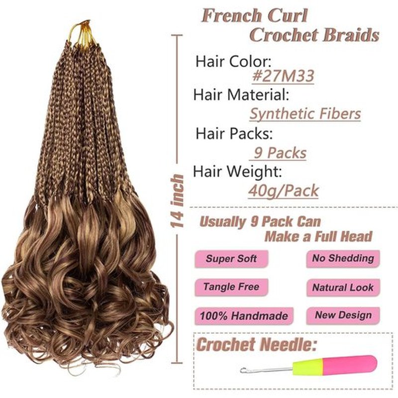 RuiYok French Curl Crochet Braids 14 Inch 9 Packs Blond Mix Brown Goddess Box Braids with Curly Ends Pre Looped Synthetic Bohemian Braiding Hair for Women