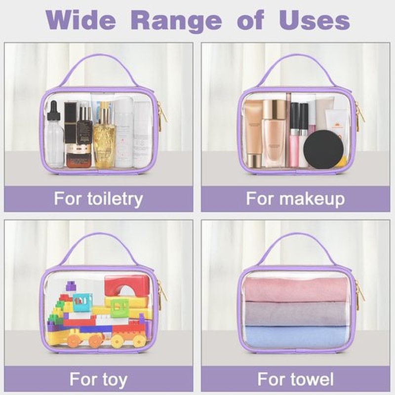 Wedama TSA Approved Toiletry Bag, 3 Pack Clear Makeup Bags with Handles, Quart Size PVC Clear Cosmetic Bags for Women and Men, Carry on Airport Airline Compliant Bag, Purple