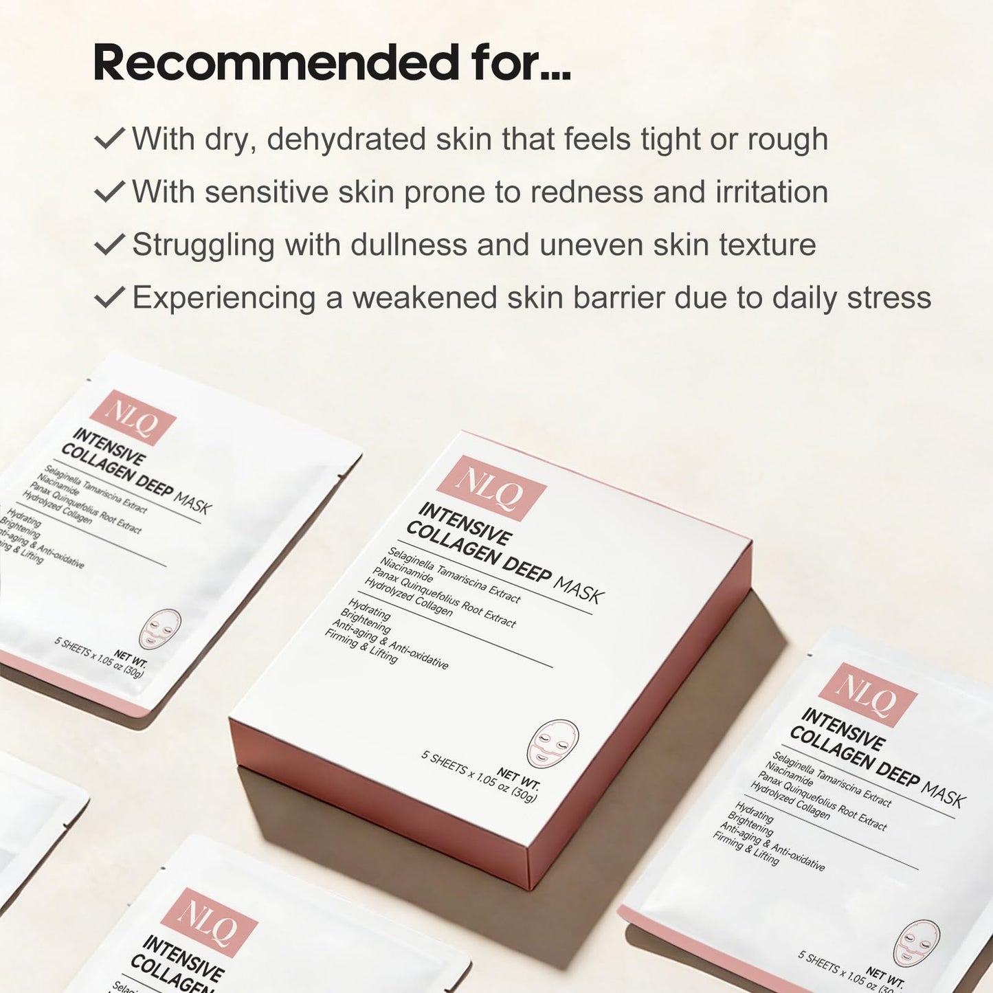 NLQ Intensive Collagen Deep Mask Skincare, Hydrating Overnight Face Mask for Glass Skin, Pore Refining, Firming & Plumping, Travel Essentials and Beauty Care Gifts for Women | 1.05oz(30g) x 5ea