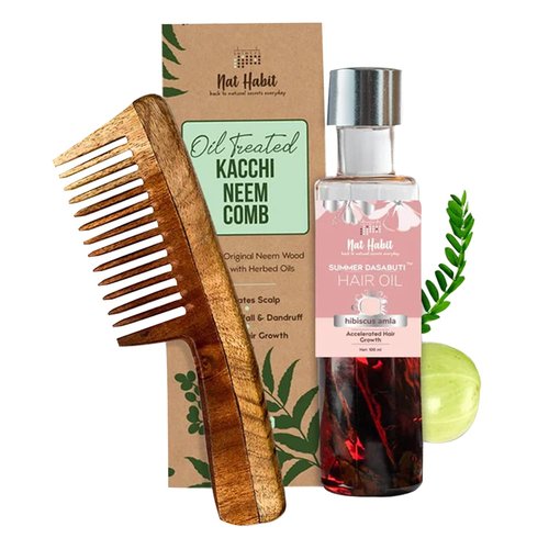 Nat Habit - Everyday Wide Tooth Wooden Kacchi Neem Comb & Hibiscus Hair Oil, With Castor, Coconut & Amla (Combo Pack Of 2)