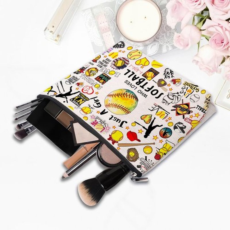 Softball Gifts Makeup Cosmetic Bag for Women, Birthday Gifts for Softball Lovers Players Fans, Softball Stuff Accessories Gifts for Team Coach, Softball Travel Bag Pouch Purse for Female Friends