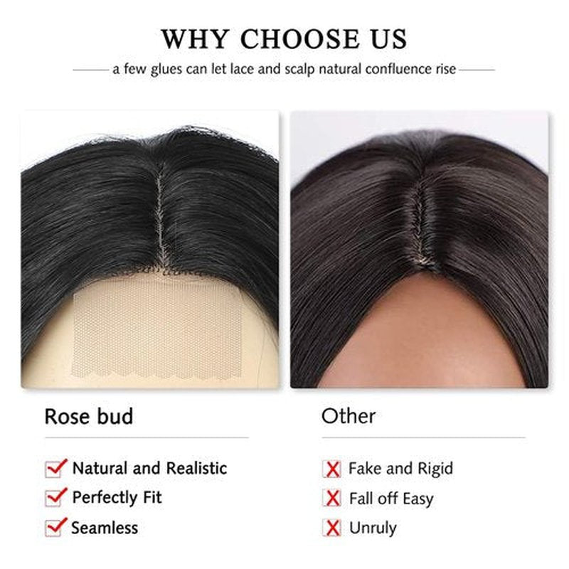 Rose bud Wavy Bob Wig Natural Wig Natural Black Synthetic Hair Shoulder Length Short Curly Middle Part Lace Front Wigs for Women