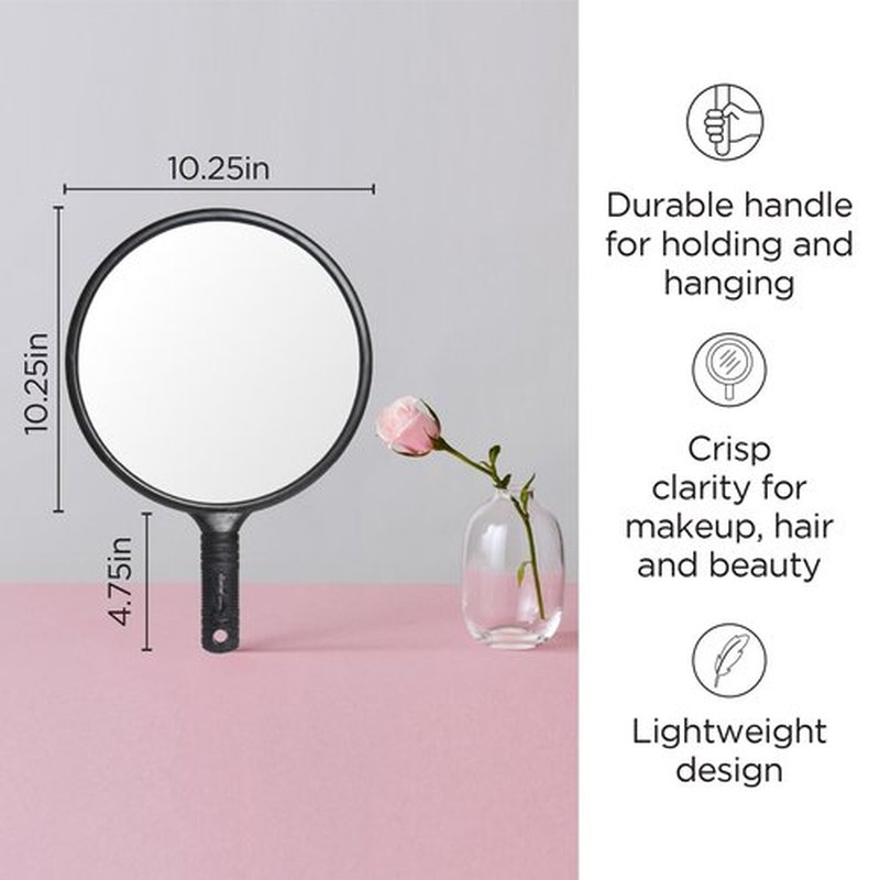 Diane Standard 1X Magnification Hand Mirror, Single Sided Hand Held Mirror with Handle for Salon, Barber, Grooming, Vanity, Shaving, and Travel, Large, 10.25" x 15", Black
