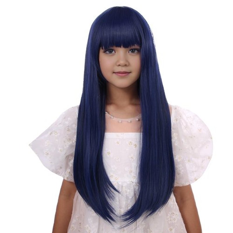 Edivd Dark Blue Wig for Kids Long Navy Blue Wig with Air Bangs for Girls Child Long Blue Straight Wig Heat Resistant Synthetic Wig with Wig Cap