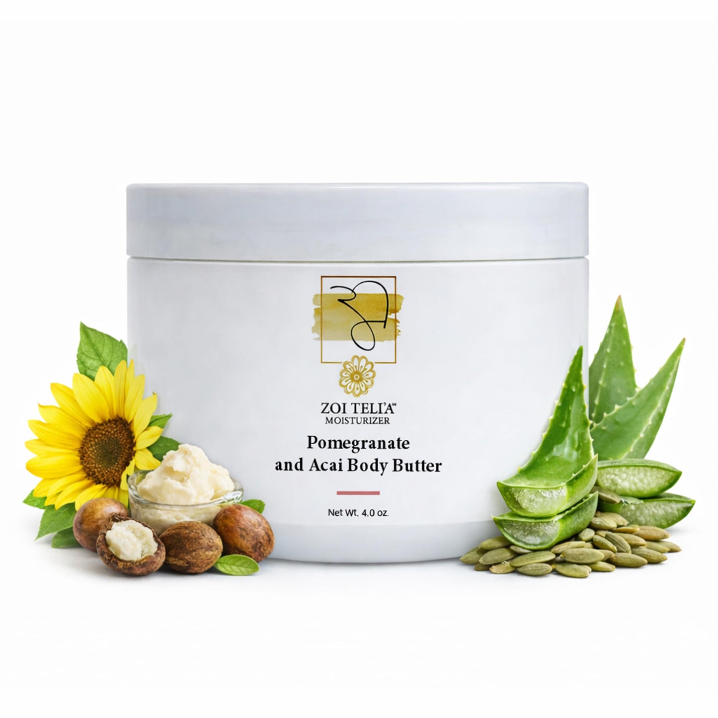 Zoi Teli'a Pomegranate and Acai Body Butter Deep Moisturize & Nourish Sensitive & Dry Skin with Shea Butter, Sweet Almond Oil & Antioxidant – Body and Face Cream for Soft, Supple & Radiant Glow – 4 Oz