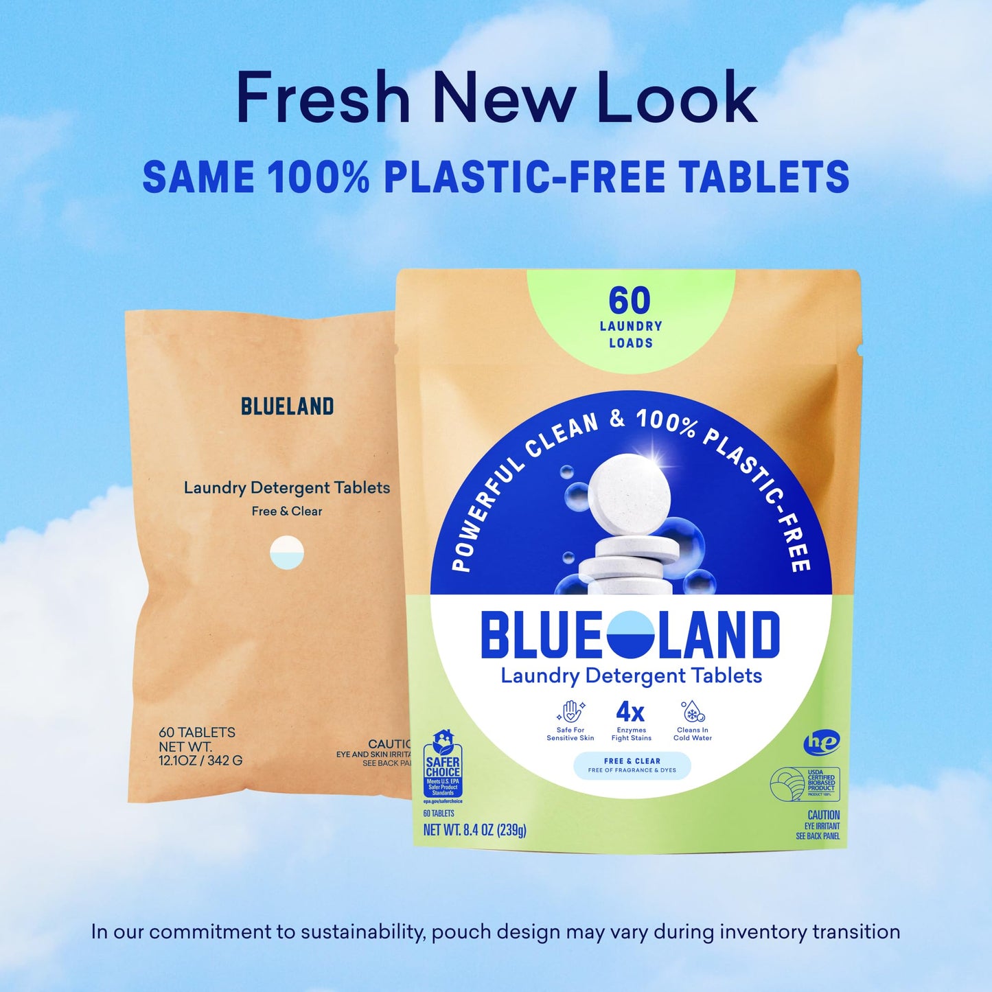 BLUELAND Laundry Detergent Tablets, Starter Set, 60 Count with Tin, Plastic-Free Eco-Friendly, Fragrance Free and Clear, Safe for Sensitive Skin, No Harsh Chemicals, Lifts Tough Stains and Odors