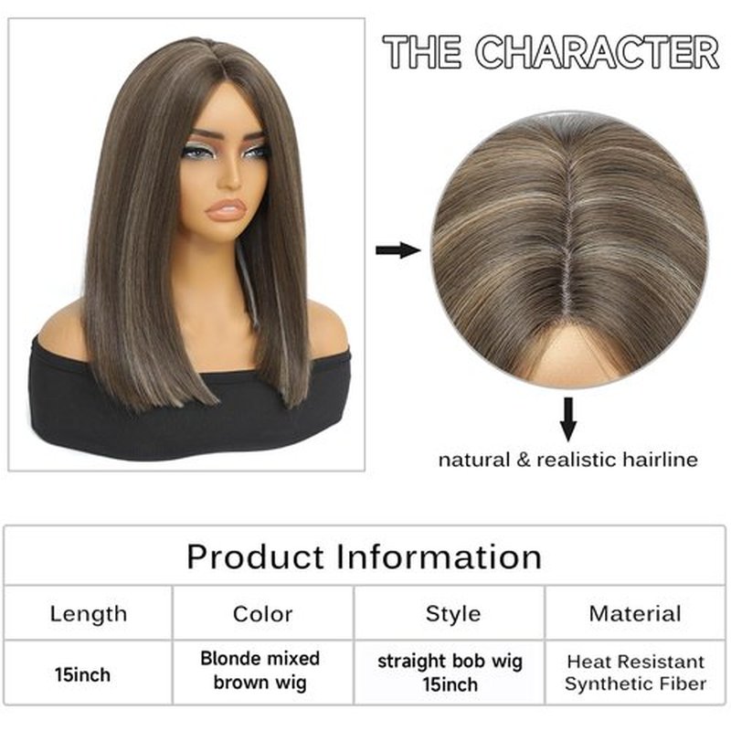 Higlight brown Bob Wigs Glueless Straight Wigs For Women Synthetic Heat Resistant Fiber Hair long bob wig Middle Part Brown Mixed Blonde Bob Wigs medium length wigs for women 16inch(Higlight brown)