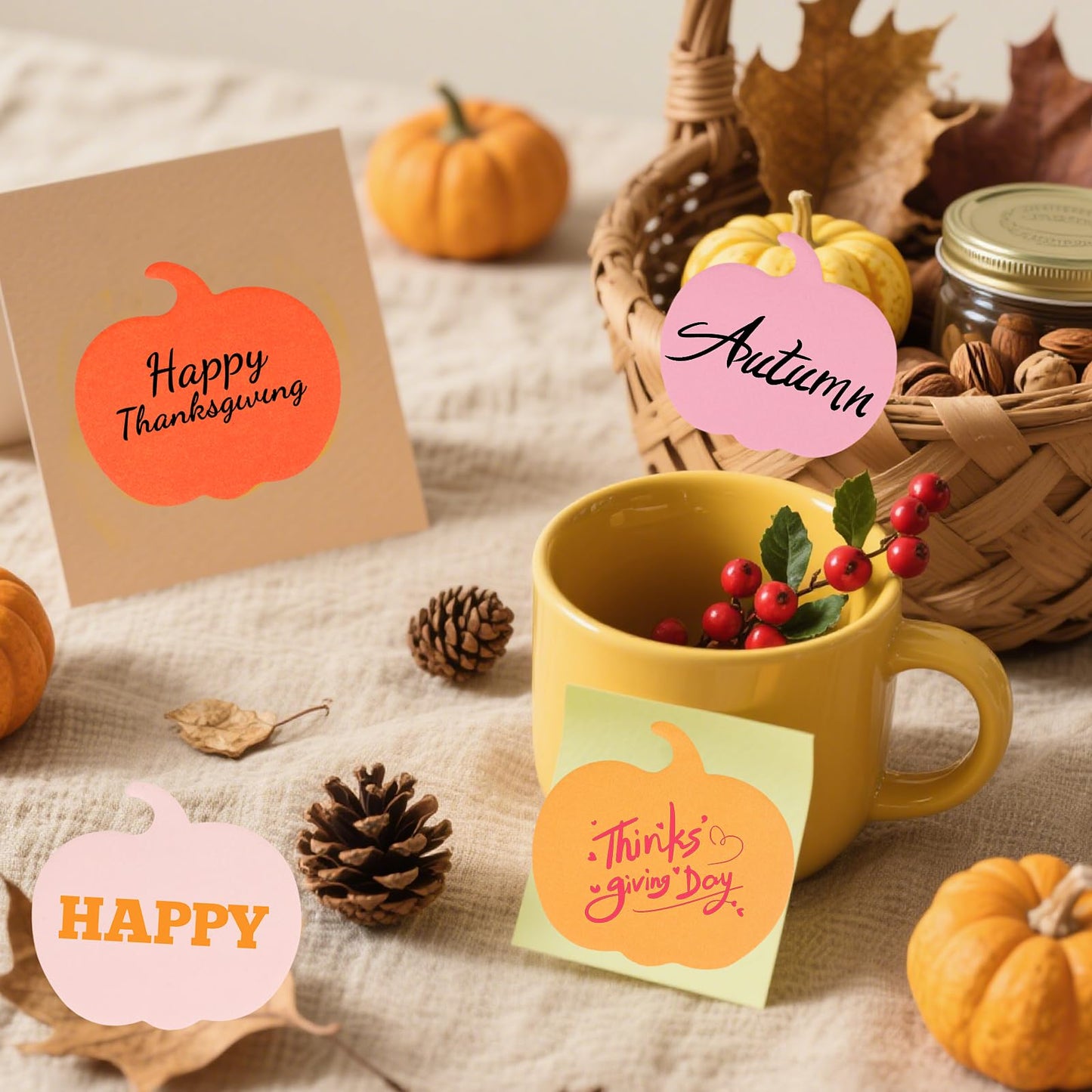 FOIMAS 24 Pack Fall Pumpkin Sticky Notes,Thanksgiving Sticky Notepad Memo Pads for Halloween Fall Thanksgiving Party Favor Supply Classroom,Orange and Pink