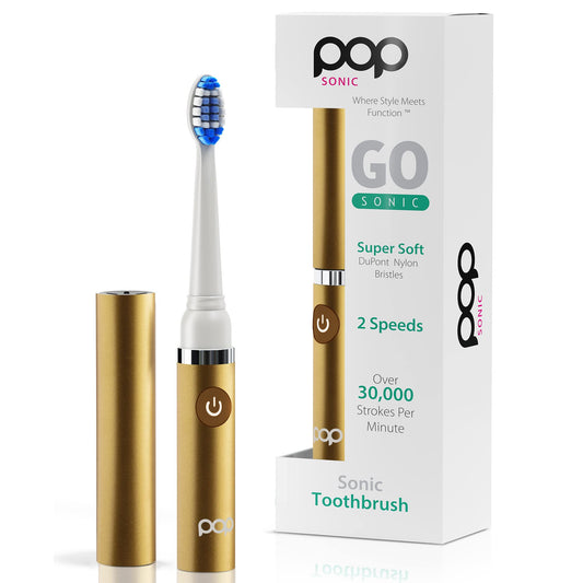 Pop Sonic Electric Toothbrush (Metallic Gold) - Travel Toothbrushes w/AAA Battery | Kids Electric Toothbrushes with 2 Speed & 15,000-30,000 Strokes/Minute, Dupont Nylon Bristles