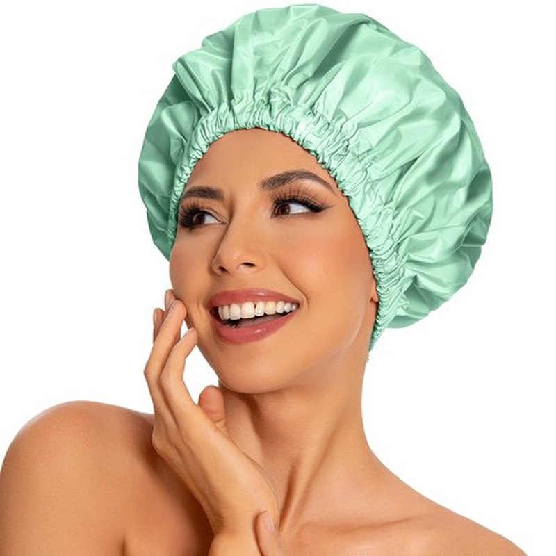 Reusable Shower Cap for Women, Large Waterproof Shower Bonnet Washable Elastic Band Bath Hair Hat for Long Hair, Braids(Green Bean)
