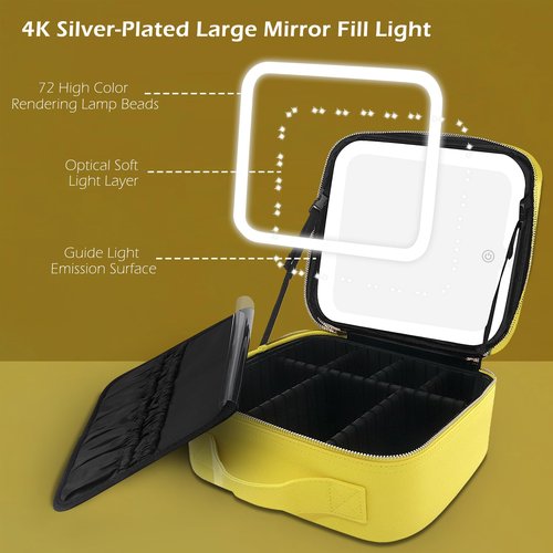 MOMIRA Makeup Bag with Mirror and Light Travel Makeup Train Case Cosmetic Bag Organizer Portable Artist Storage Bag with Adjustable Dividers Makeup Brushes Storage Organizer Yellow