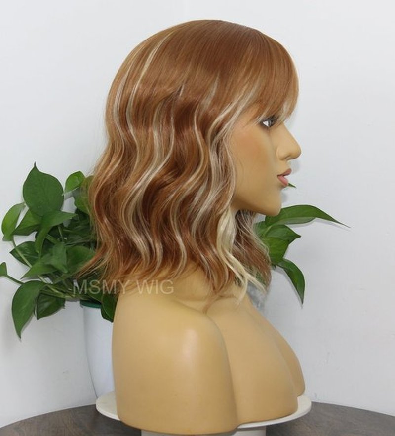 MSMYRNS Short Wavy Curly Bob Wig with Bangs Ginger Brown Mixed 613 Blonde Highlights Color Glueless Heat Resistant Synthetic Wig Full Wig For Women Girls Fashion 14 Inch