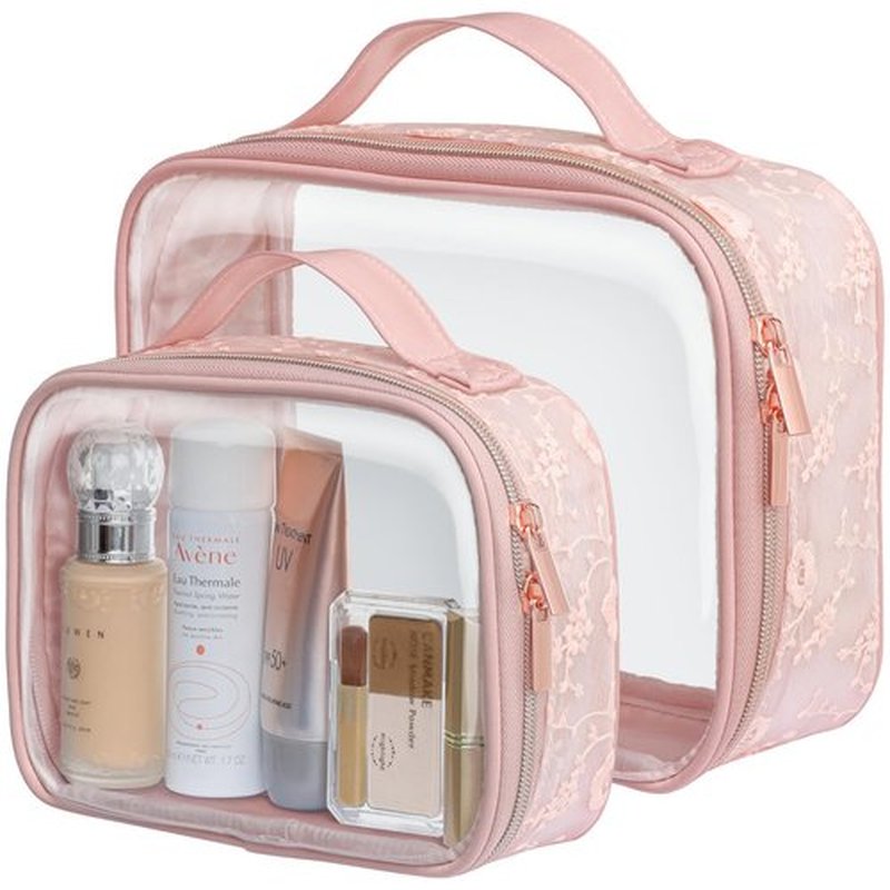 PACKISM Floral Texture Lace TSA Approved Toiletry Bag - 180° Large Opening Clear Makeup Bags in 2 Size, Clear Bags for Travel with Handle, 0.5 mm Thick Non-deformable No Smell, Pink