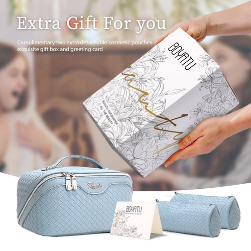 Travel Makeup Bags Cosmetic Organizer Bag: Large Capacity Make up Bag Set of 3 - Vegan Leather Toiletry Bag for Women - Portable Makeup Organizer with Compartments & Handle & Divider (02 Blue)