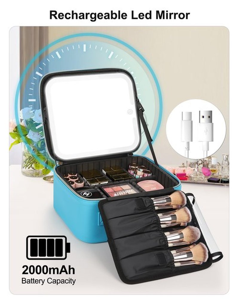 Relavel Travel Makeup Bag With LED Mirror, Cosmetic Train Case with Light up Mirror, Portable Makeup Artist Organizer Bag with Adjustable Dividers, Makeup Brush Holder Storage, Blue