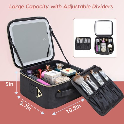 ZhenGuiRu Travel Makeup Bag with LED Mirror, Makeup Train Case with Light Up Mirror, Portable Makeup Artist Organizer with Adjustable Dividers, Makeup Brushes Holder Storage
