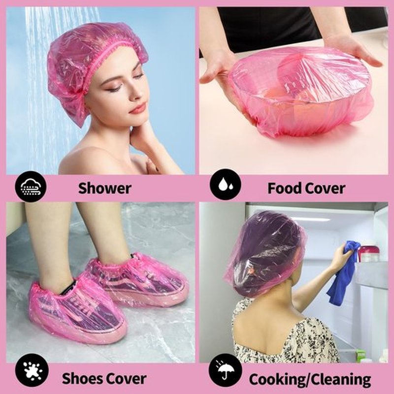 LEOBRO Disposable Shower Caps, 100PCS Large Shower Caps, Shower Caps for Women Disposable, Thick Plastic Hair Caps Plastic Shower Caps, Plastic Caps for Hair Treatment, Large Size 19.3 INCH, Pink