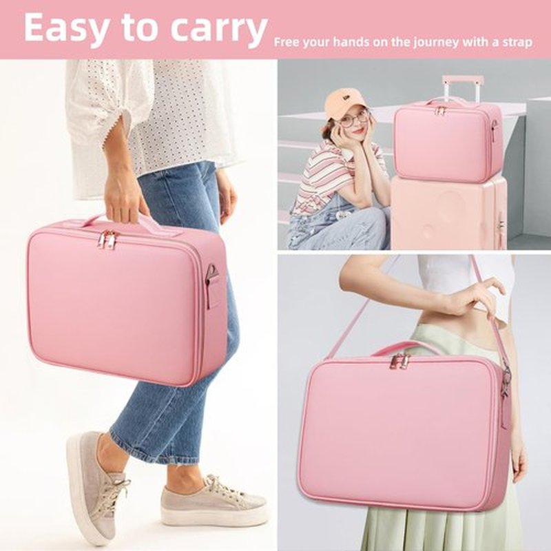 15“×11“ Large Pink Makeup Bag with Mirror, Personal Item Travel Bag with Makeup Mirror 3 Lights, Waterproof Train Case with Mirror and Light Adjustable Dividers,Large Professional Lighted Makeup Case